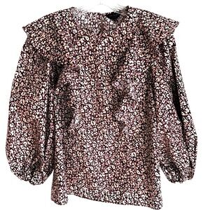 Ted Baker London 100% Cotton Burgundy Floral Print Ruffled Blouse
